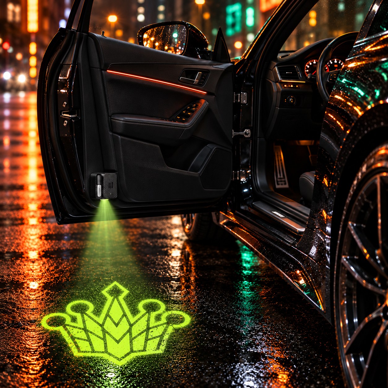 Street King crown projected beside an open car door at night